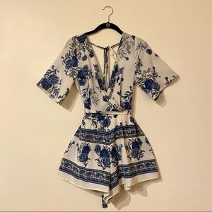 TRIXXI Off White with Blue Bohemian/Floral Pattern Romper